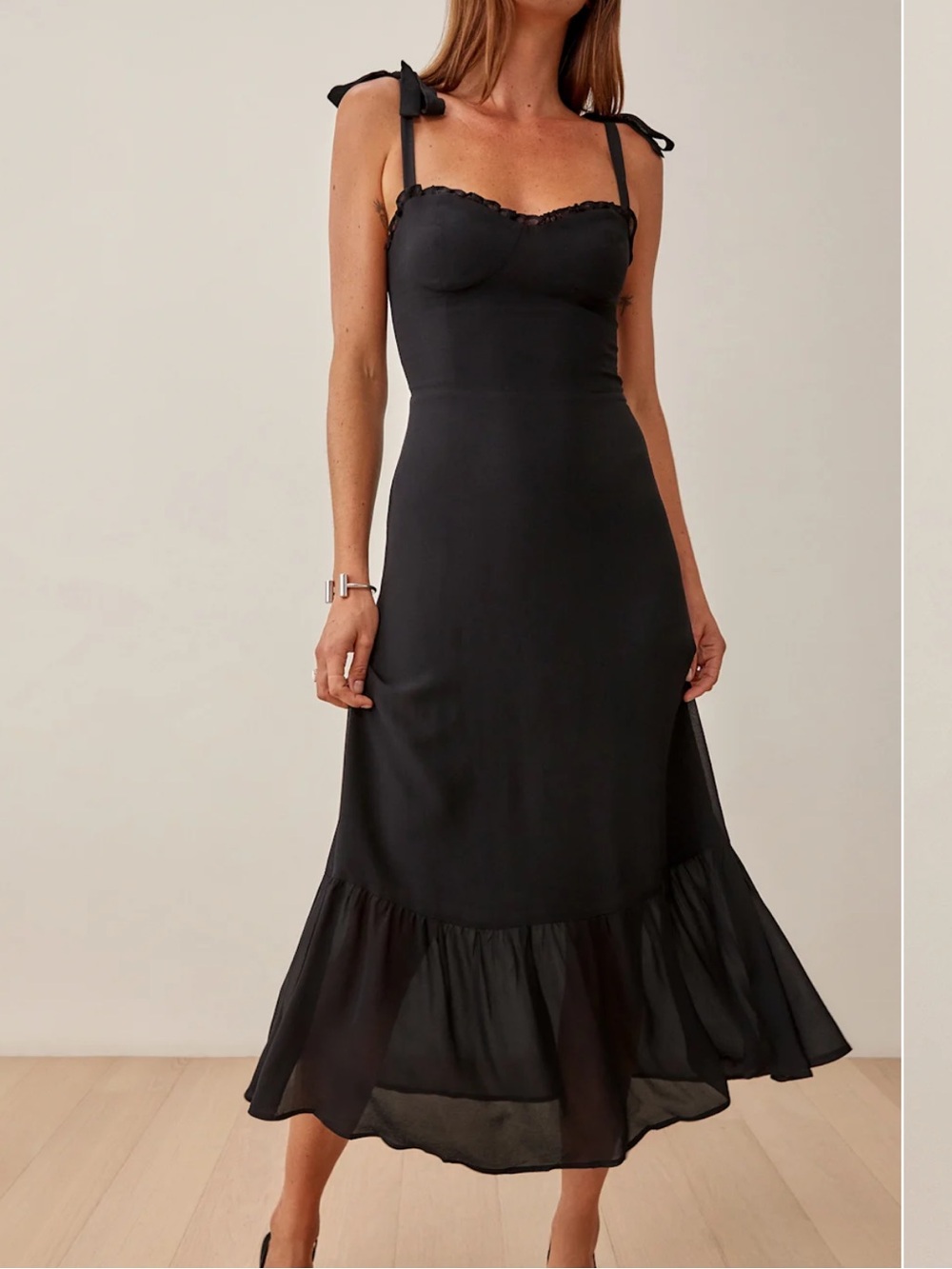 Reformation Black Nikita Midi Dress with Ruffled Hem & Sweetheart Neckline